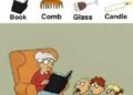 Find Book, Comb, Glass, Candle.