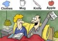 Find Clothes, Mug, Knife, Apple.
