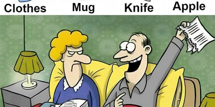 Find Clothes, Mug, Knife, Apple.