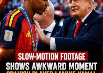 Slow-motion footage shows awkward moment Spanish player Lamine Yamal initially refuses to shake Trump’s hand