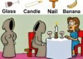 Find Glass, Candle, Nail, Banana.