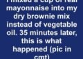 I mixed a cup of real mayonnaise into my dry brownie mix instead of vegetable oil. 35 minutes later, this is what happened